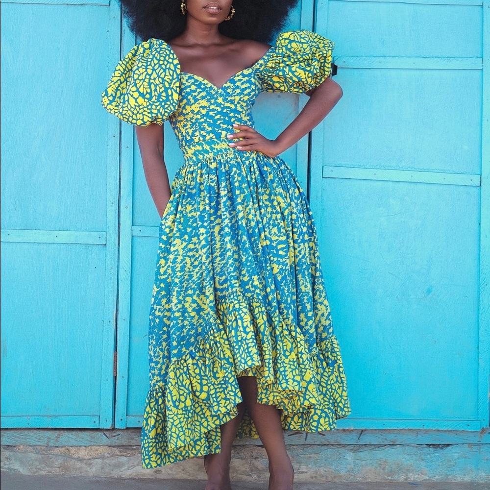 SIKA Freda Puff Sleeves Blue Yellow Midi Dress